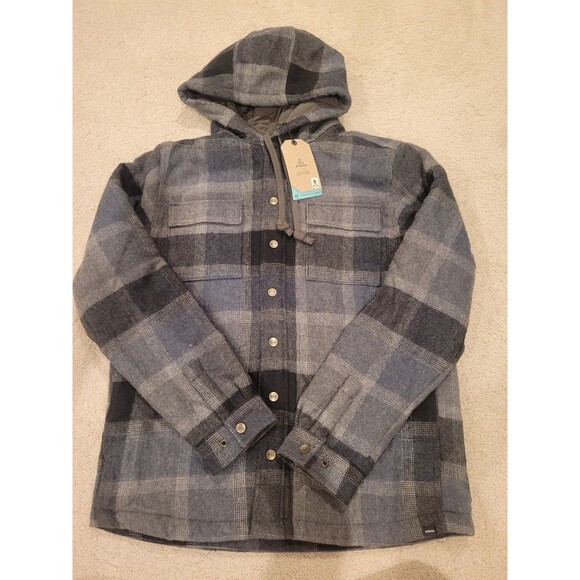 New prAna Men Asgard Hooded Flannel Shirt Jacket Wool Blend Shacket MED Charcoal - Picture 4 of 11